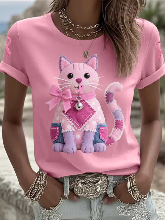Rosa gato rosa fita mama câncer consciência Tee apoio feminino