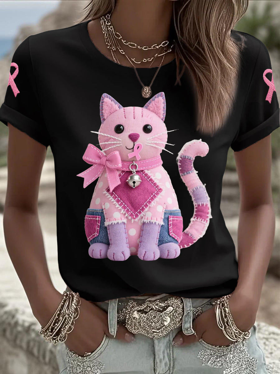 Rosa gato rosa fita mama câncer consciência Tee apoio feminino