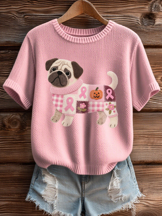 Consciência do câncer de mama feminino Inspirado Padrão Pug Felt Art Cozy Knit Top