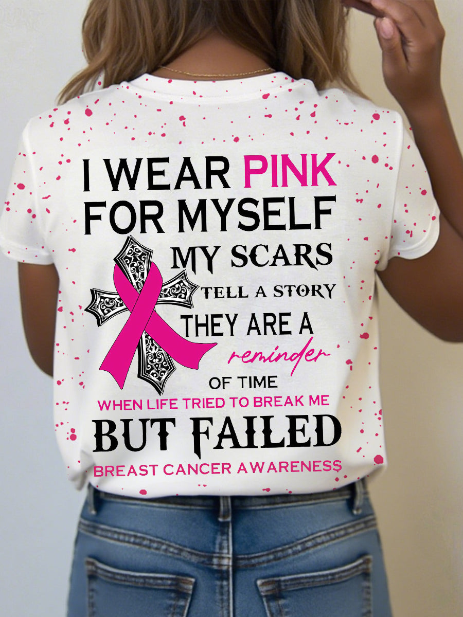 Consciência do Câncer de Mama das Mulheres Eu Uso Rosa Para Mim Minhas Scars Tell A Story T-Shirt