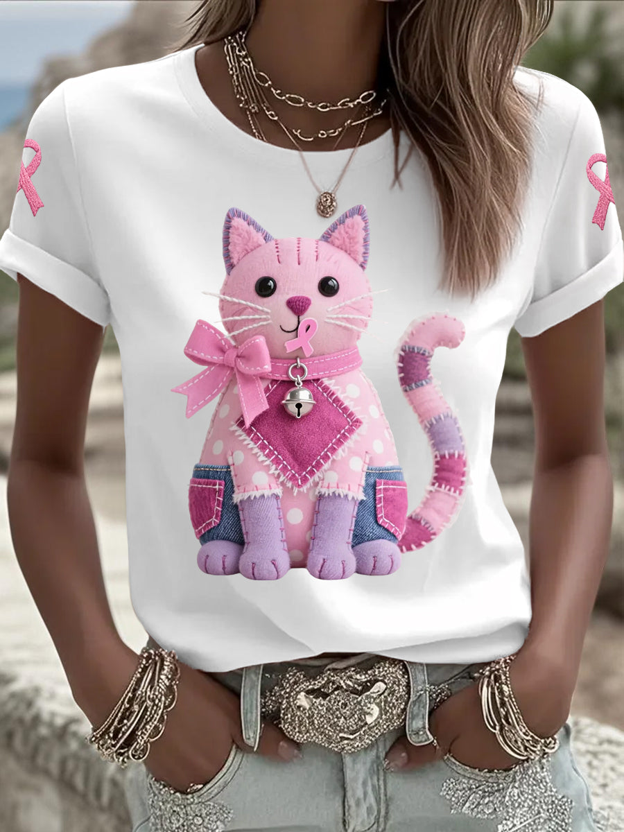 Rosa gato rosa fita mama câncer consciência Tee apoio feminino