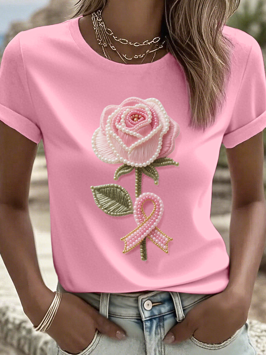 Strass arte rosa fita das mulheres e padrão Floral t-shirt