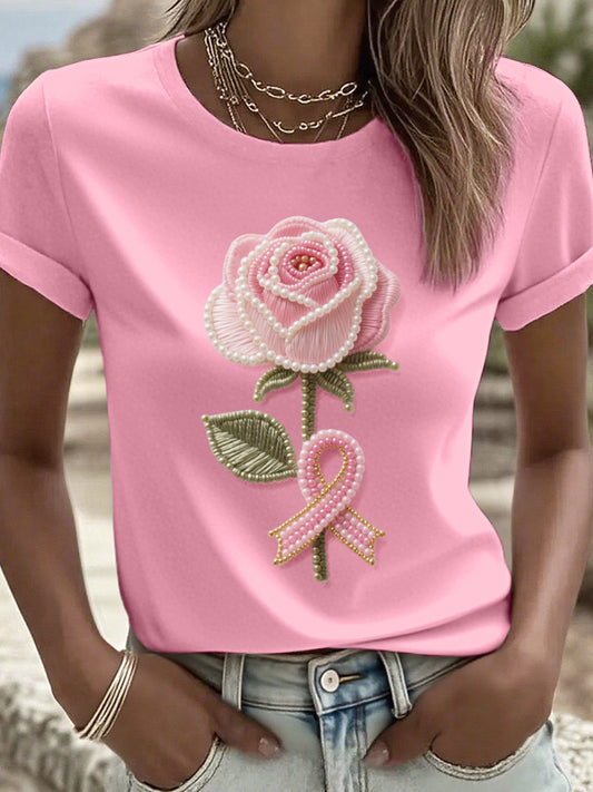 Strass arte rosa fita das mulheres e padrão Floral t-shirt