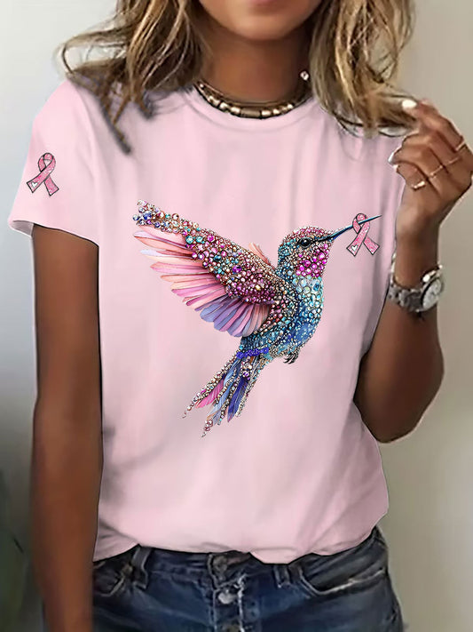 Consciência câncer de mama feminino colibri impressão camiseta casual