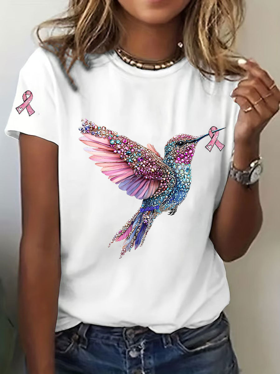 Consciência câncer de mama feminino colibri impressão camiseta casual