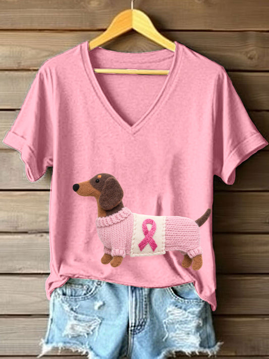 Adorável Dachshund Padrão V-Neck T-shirt das mulheres