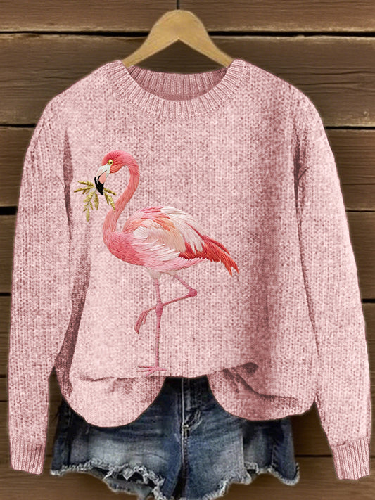 Camisola de malha bordada Flamingo rosa feminina
