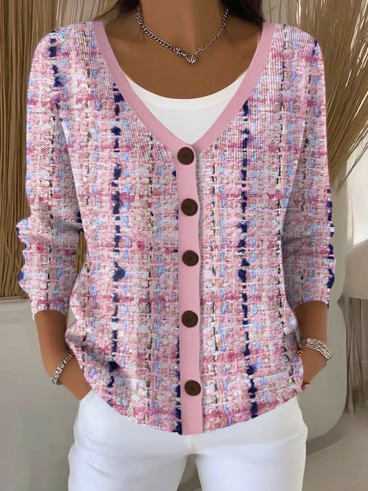Cardigan Casual de impressão xadrez rosa feminino