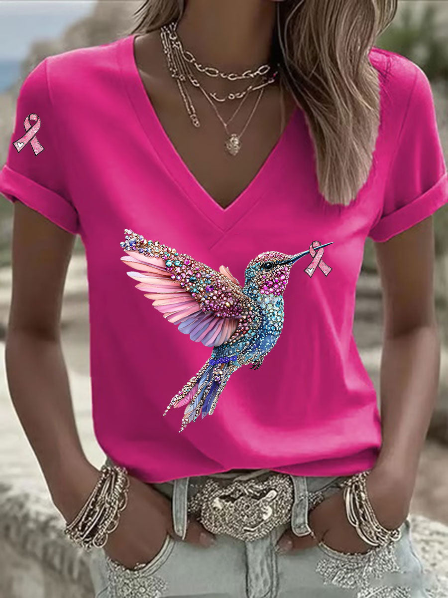 Fita rosa feminina impressão Casual camiseta com decote em v