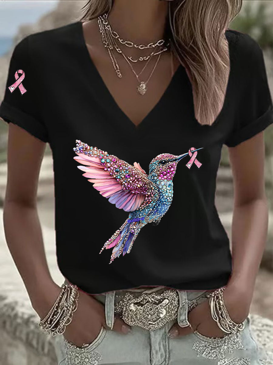 Fita rosa feminina impressão Casual camiseta com decote em v