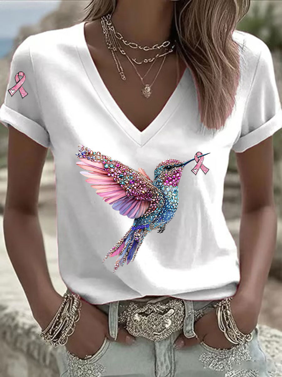 Fita rosa feminina impressão Casual camiseta com decote em v