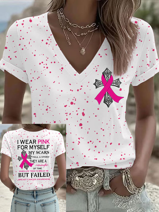 Consciência do Câncer de Mama das Mulheres Eu Uso Rosa Para Mim Minhas Scars Tell A Story T-Shirt