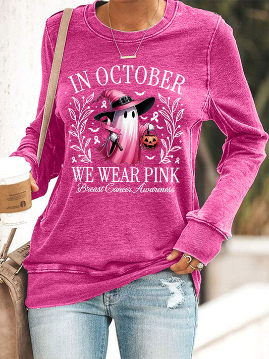 Mulheres em outubro We Wear Pink Halloween Pink Ghost Breast Cancer Awareness Support Sweatshirt