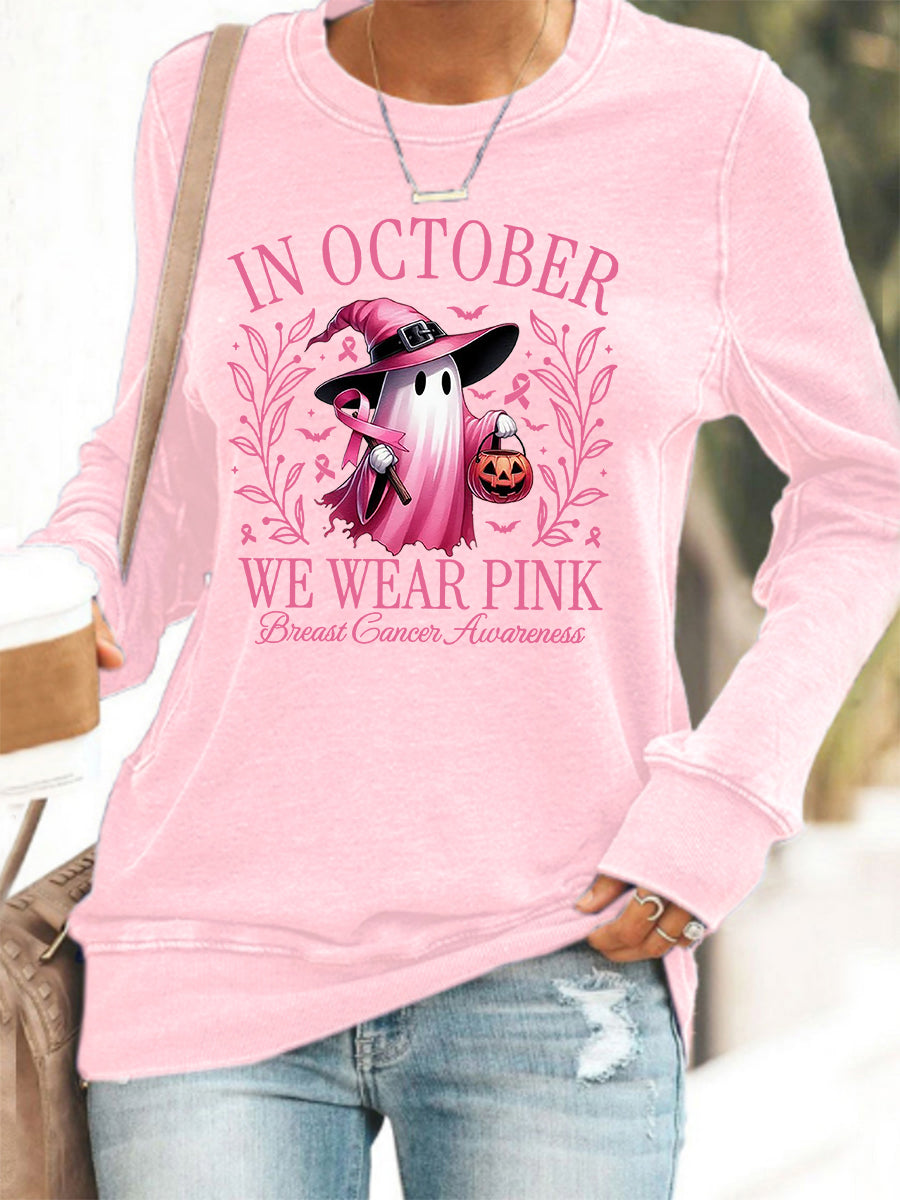 Mulheres em outubro We Wear Pink Halloween Pink Ghost Breast Cancer Awareness Support Sweatshirt