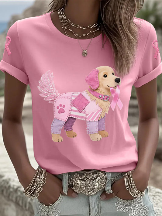 Rosa cão rosa fita câncer de mama consciência Tee apoio feminino