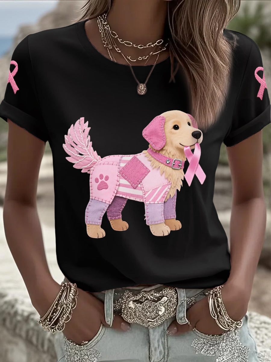 Rosa cão rosa fita câncer de mama consciência Tee apoio feminino