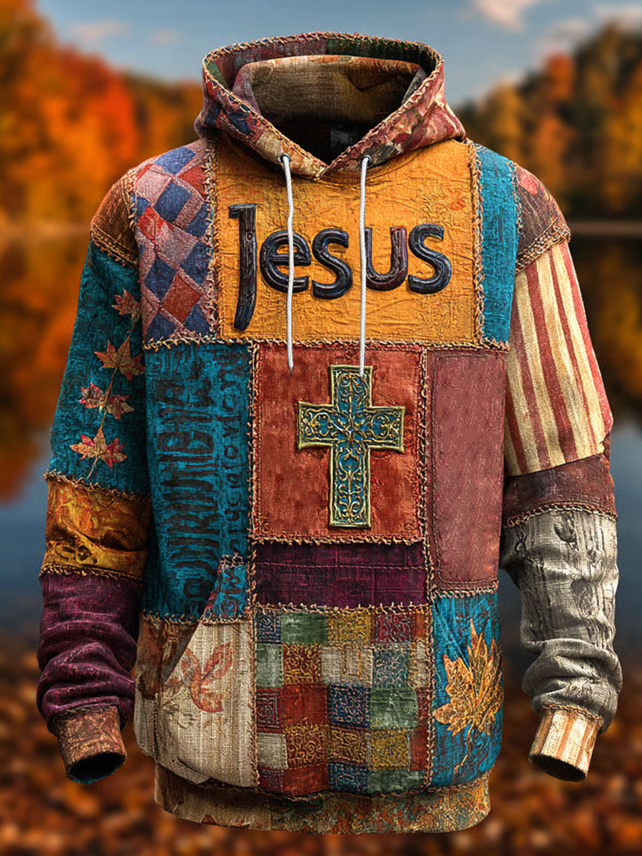 Homens Retro Casual fé Cruz Art Print Ombro-drop bolsos Hoodie de grandes dimensões