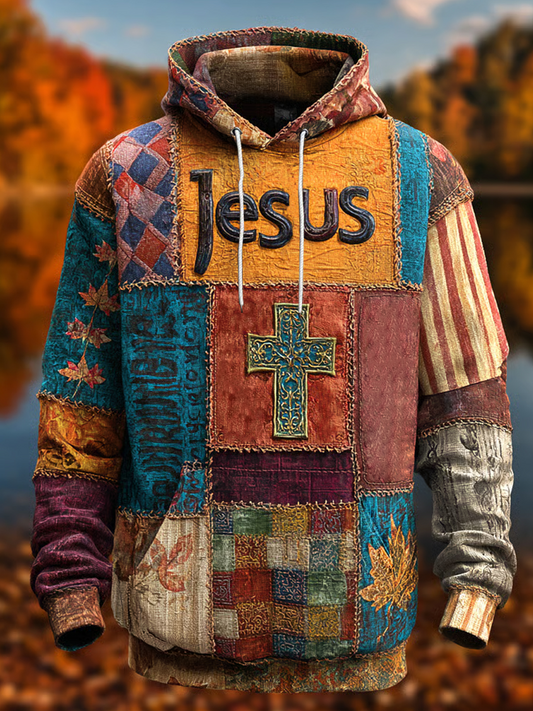 Homens Retro Casual fé Cruz Art Print Ombro-drop bolsos Hoodie de grandes dimensões