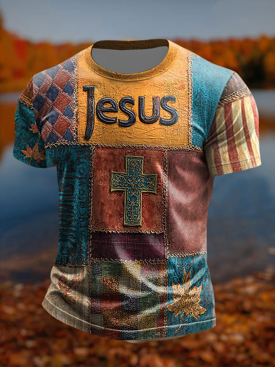 Homens Retro Fé Casual Cruz Arte Imprimir T-shirt de manga curta