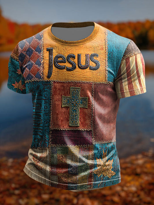 Homens Retro Fé Casual Cruz Arte Imprimir T-shirt de manga curta