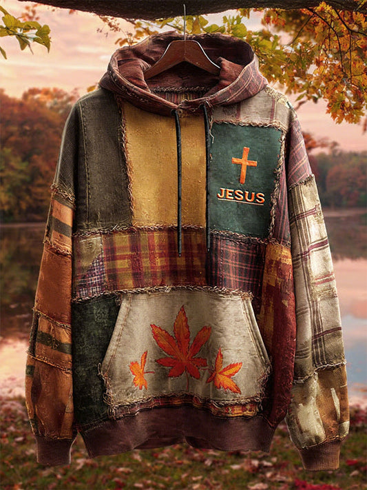 Homens Retro Casual fé Cruz Art Print Ombro-drop bolsos Hoodie de grandes dimensões