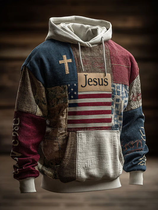 Homens Retro Casual fé Cruz Art Print Ombro-drop bolsos Hoodie de grandes dimensões