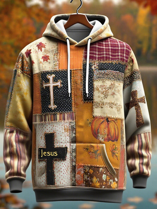 Homens Retro Casual fé Cruz Art Print Ombro-drop bolsos Hoodie de grandes dimensões