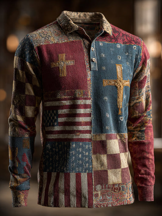 Retro Casual fé Cruz arte impressão Top de manga comprida masculino