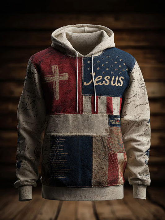 Homens Retro Casual fé Cruz Art Print Ombro-drop bolsos Hoodie de grandes dimensões