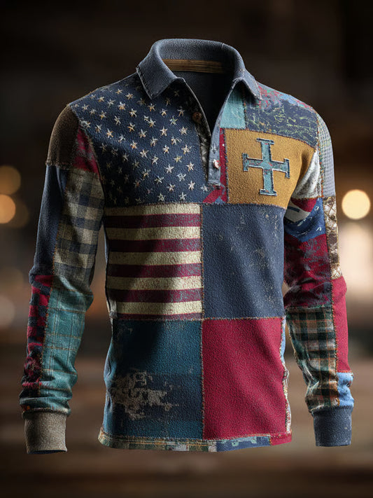 Retro Casual fé Cruz arte impressão Top de manga comprida masculino