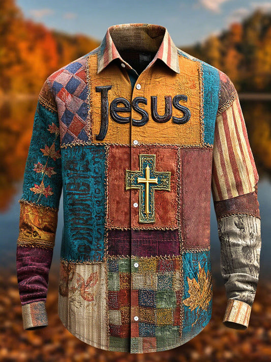 Fé Casual Retro dos homens Cruz arte impressão manga longa camisa