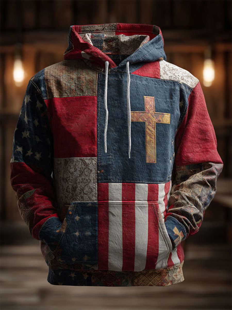 Homens Retro Casual fé Cruz Art Print Ombro-drop bolsos Hoodie de grandes dimensões