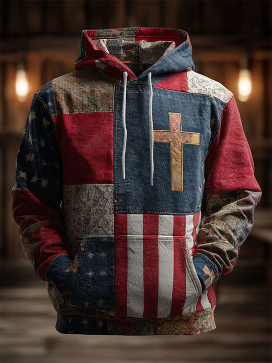 Homens Retro Casual fé Cruz Art Print Ombro-drop bolsos Hoodie de grandes dimensões