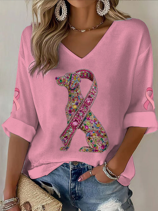 Decote em v manga média cão câncer de mama feminino impresso t-shirt Casual