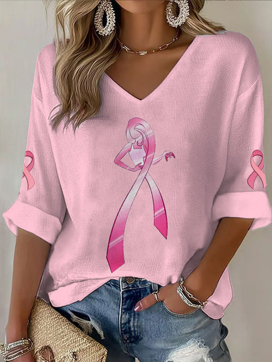 Câncer de mama feminino decote em v manga média impresso t-shirt Casual