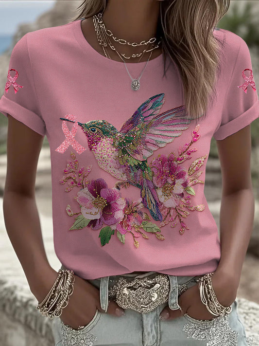 Câncer de mama feminino colibri impresso moda vintage camiseta solta de manga curta