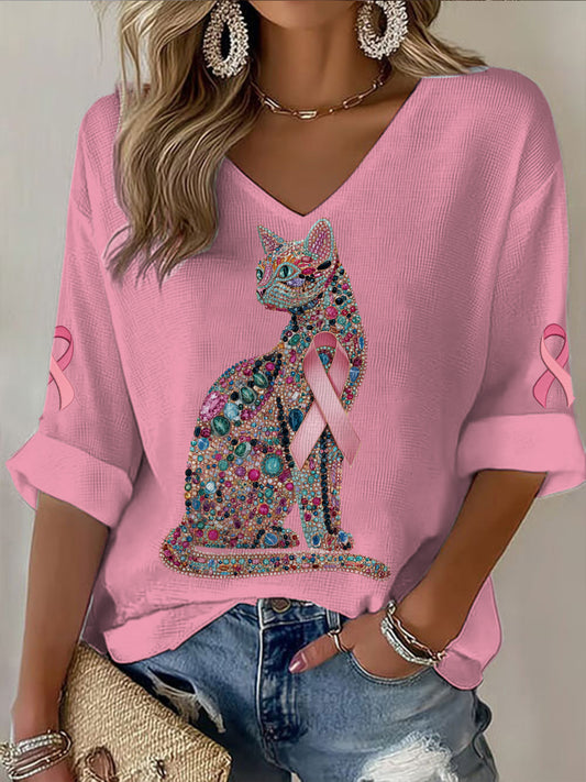 Gato feminino com decote em v manga média câncer mama impresso t-shirt Casual