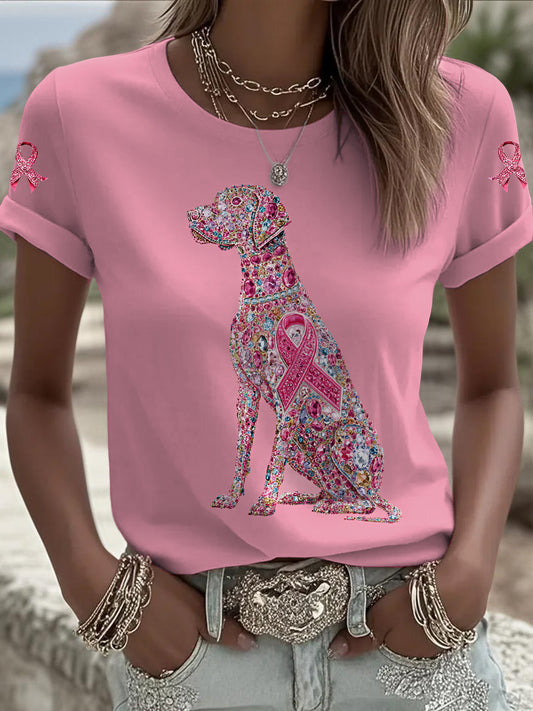 Cão de câncer de mama feminino impresso moda vintage camiseta solta manga curta