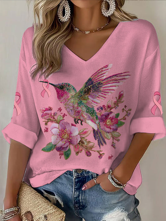 Decote em v manga média câncer colibri feminino impresso t-shirt Casual