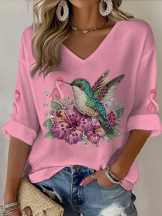 Decote em v manga média câncer colibri feminino impresso t-shirt Casual