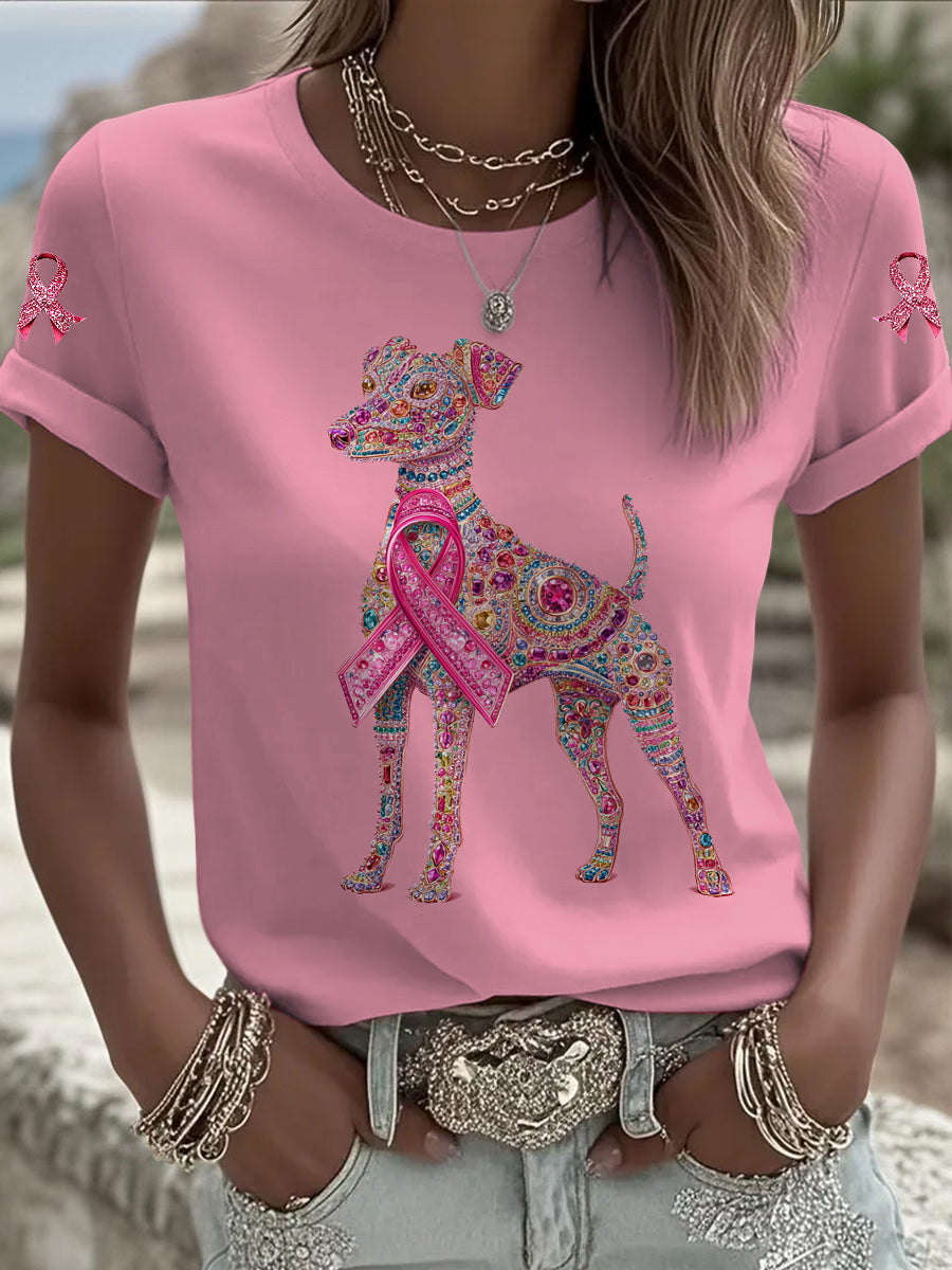Cão de câncer de mama feminino impresso moda vintage camiseta solta manga curta