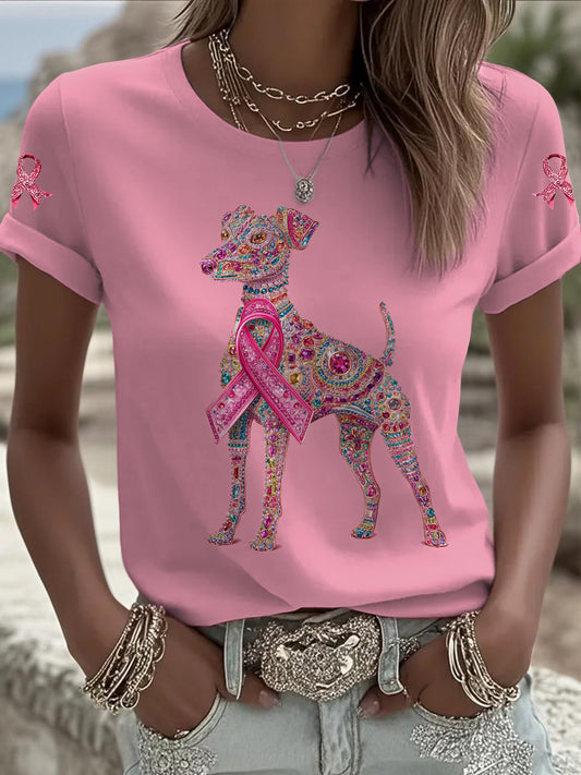 Cão de câncer de mama feminino impresso moda vintage camiseta solta manga curta