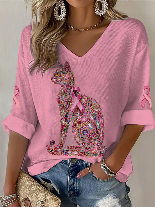 Gato feminino com decote em v manga média câncer mama impresso t-shirt Casual