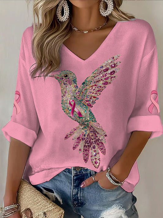 Decote em v manga média câncer colibri feminino impresso t-shirt Casual