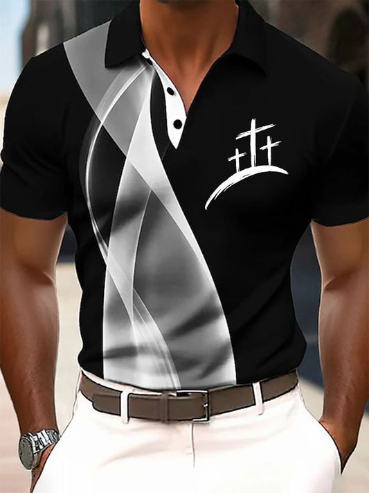 Homens de fé Cruz impresso botão Casual T-shirt