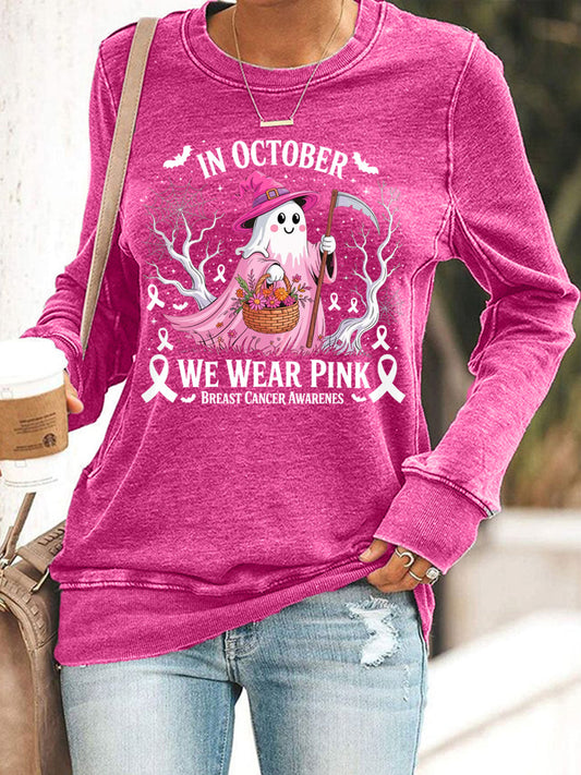 Mulheres em outubro We Wear Pink Halloween Pink Ghost Breast Cancer Awareness Sweatshirt
