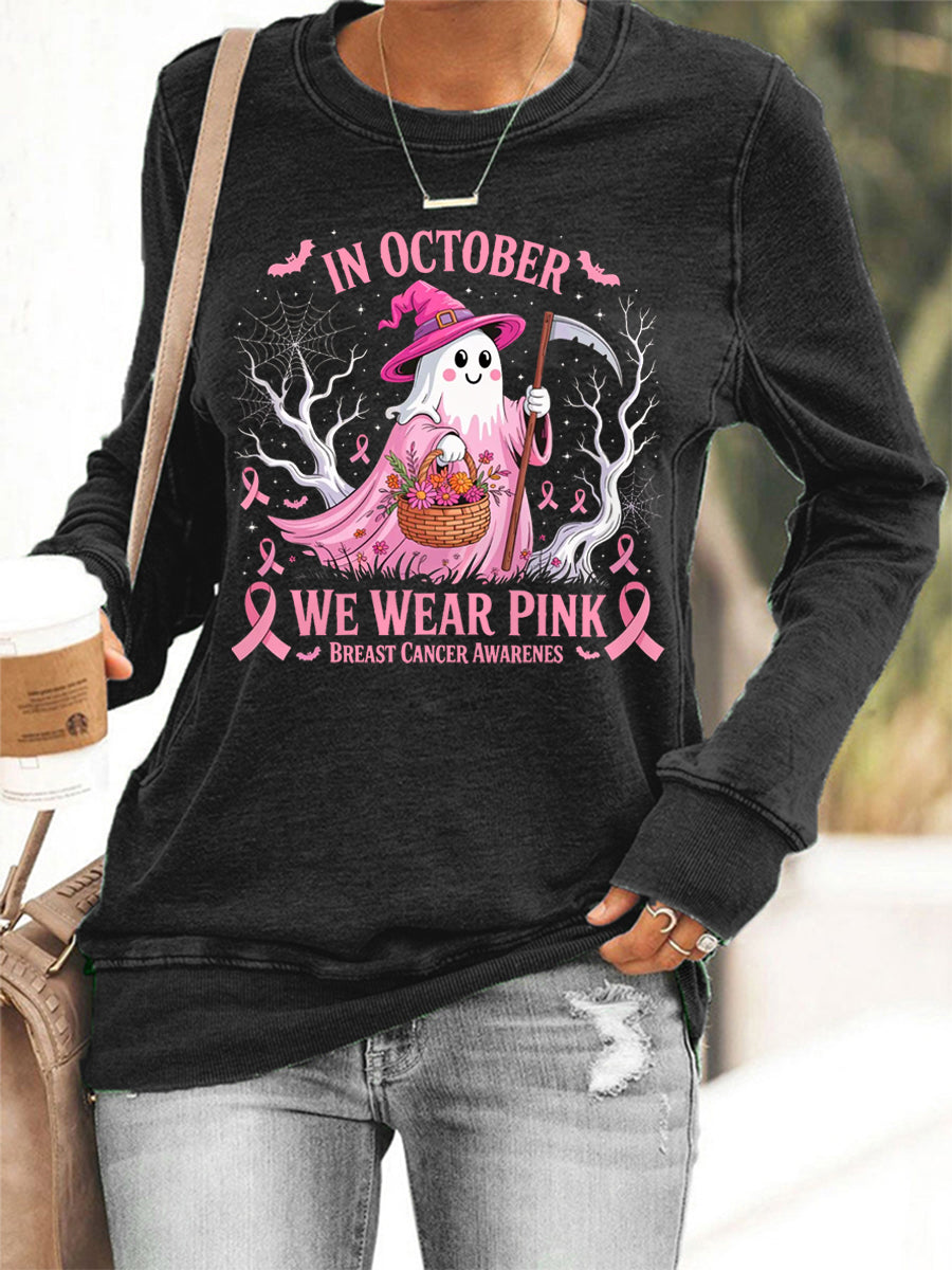 Mulheres em outubro We Wear Pink Halloween Pink Ghost Breast Cancer Awareness Sweatshirt