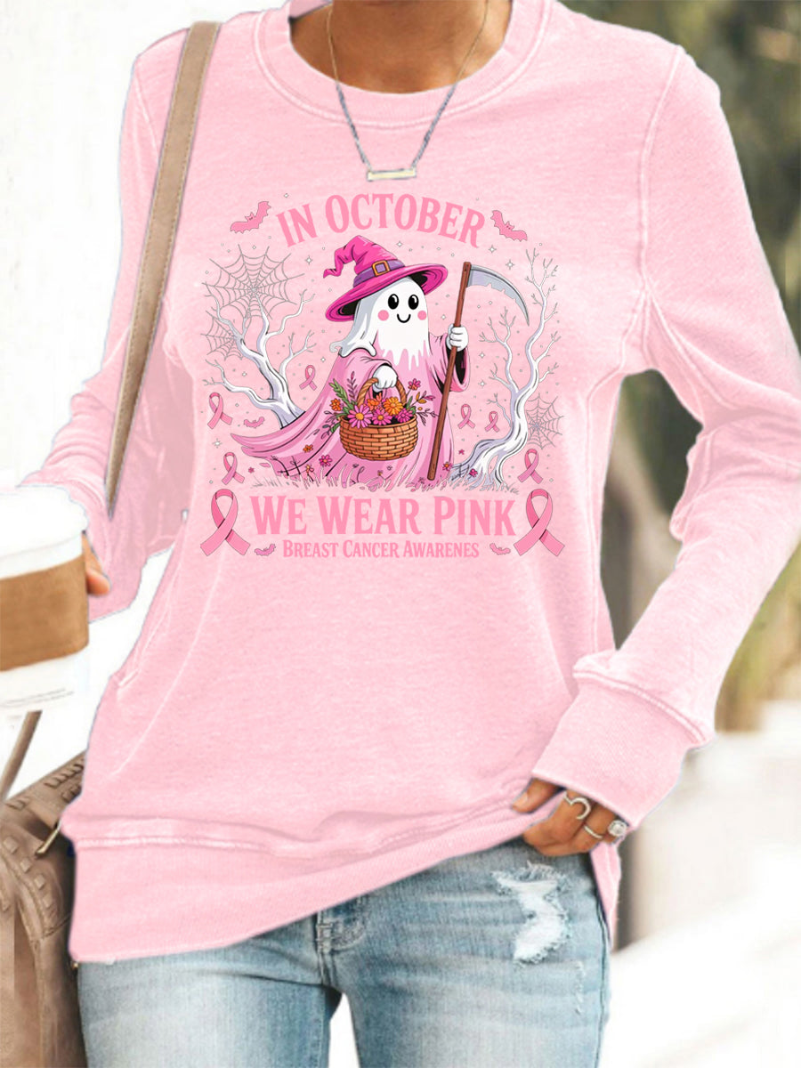 Mulheres em outubro We Wear Pink Halloween Pink Ghost Breast Cancer Awareness Sweatshirt