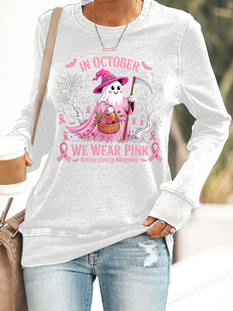 Mulheres em outubro We Wear Pink Halloween Pink Ghost Breast Cancer Awareness Sweatshirt