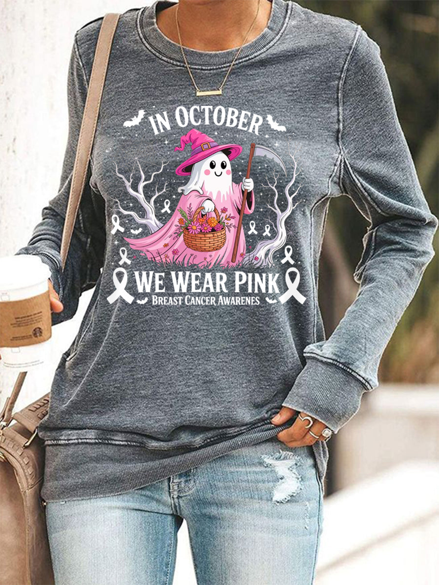 Mulheres em outubro We Wear Pink Halloween Pink Ghost Breast Cancer Awareness Sweatshirt
